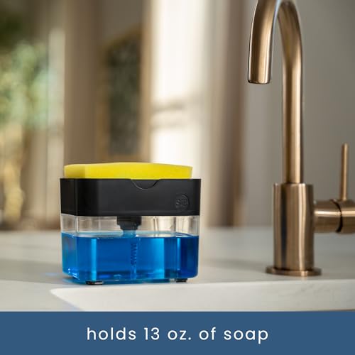 S&T INC. Dish Soap Dispenser and Sponge Holder for Kitchen Sink with Enhanced Features, Sponge Included, 13 Ounces, Matte Black - color: Matte Black