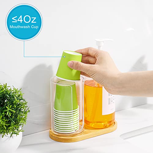 VITVITI Mouthwash Dispenser for Bathroom, Mouth Wash Pump Bottle with Paper Cup Holder, 17Oz Refillable Clear Mouthwash Container with Bamboo Lid/Tray/Label - color: Clear