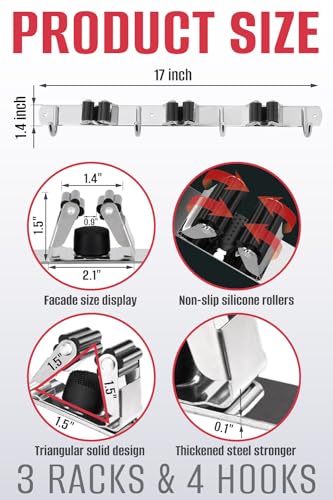 The Good Stuff Compact Mop and Broom Holder Wall Mount – Stainless Steel Organizer with 3 Racks and 2 Hooks – Rust-Resistant, Space-Saving Tool Hanger for Closet, Kitchen, Garage, or RV (Pack of 2) - size: Compact (Pack of 2)