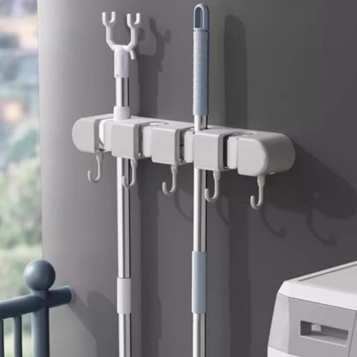 Wall Mounted Mop and Broom Holder, 4 Racks And 5 Hooks Vacuum Suction Cup Mop Holder, Stainless Steel & ABS Organizer for Kitchen, Bathroom, Garage, Laundry Room (Black) - color: Black
