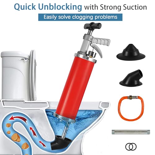 Portable High Pressure Kinetic Toilet Plunger Air Drain Blaster Pump for Bath Toilets Bathroom Shower Kitchen Clogged Pipe (Red) - color: Red