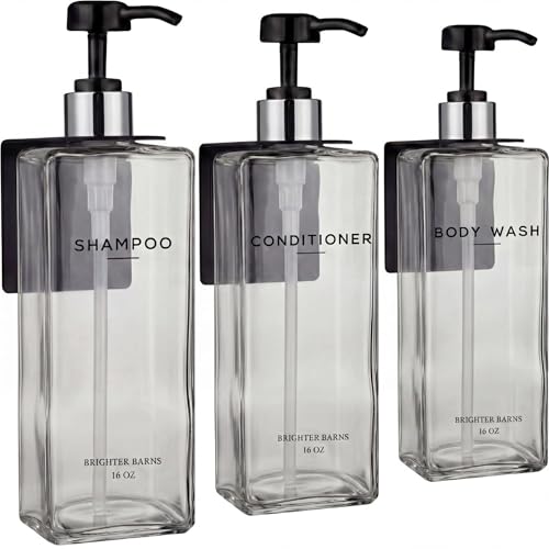 Clear Shampoo and Conditioner Dispenser Set Wall Mounted by Brighter Barns - Refillable Shower Soap Dispensers 3 Chamber No Drill - Plastic Shampoo, Body Wash and Conditioner Bottle for Hotels (Clear) - color: Clear