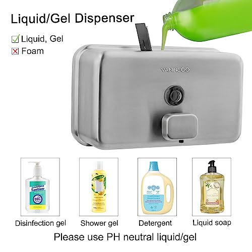 Wall Mounted Hand Soap Dispenser Bathroom, 1100ml 37oz Commercial Stainless Steel Liquid Soap Dispenser Wall Mount (Horizontal Brushed) - color: Horizontal Brushed