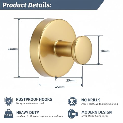 Rise age Suction Cup Gold Shower Hooks, Suction Towel Hooks for Bathrooms | Waterproof, No Drill, Heavy Duty, Stainless Steel, Removable, Renter Friendly, Easy to Install, Gold 4 Pcs - color: Gold