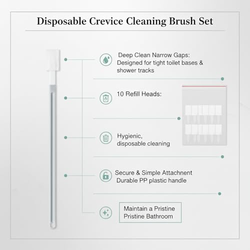 Disposable Crevice Cleaning Brush Set with 10 Refill Heads, Narrow Gap Cleaner for Toilet Base and Shower Tracks, White PP Plastic Handle