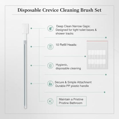 Disposable Crevice Cleaning Brush Set with 10 Refill Heads, Narrow Gap Cleaner for Toilet Base and Shower Tracks, White PP Plastic Handle