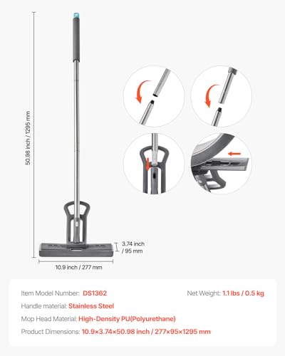 VEVOR Sponge Mop, High-Density PU Sponge Mop with 1 Pcs Sponge Mop Replacement, Easy to Squeeze Sponge Mop with Hook & Loop for Head Change, Fit for Various Floors’ Cleaning