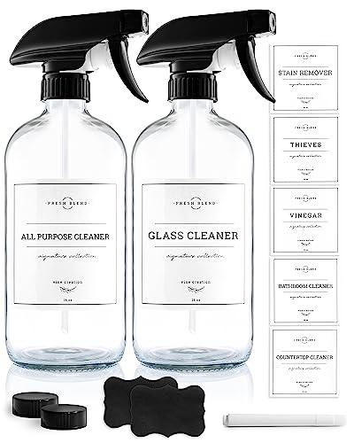 Vine Creations Glass Spray Bottles, 2 Pack Refillable Spray Bottles for Cleaning Solutions, Plant Misters, Clear Glass Spray Bottle for hair, 16 oz Mister Spray Bottle with Waterproof Labels - color: Clear Bottle / Black Nozzle