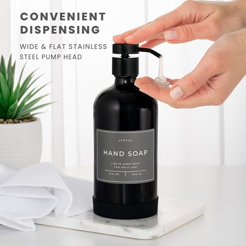 Hand and Dish Soap Dispenser for Kitchen and Bathroom, Set of 2 16 Oz Glass Bottles, Stainless Steel Pumps, Non-Slip Silicone Base, 27 Waterproof Labels (Gloss Black Bottle/Black Pump) - color: Gloss Black Bottle / Black Pump