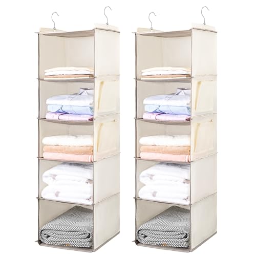 BOOMIBOO Hanging Closet Organize and Shelves，5-Hanging Shelf with 2 Side Pockets，Storage Foldable （2 Pack ，Beige） - color: Beige, size: 2
