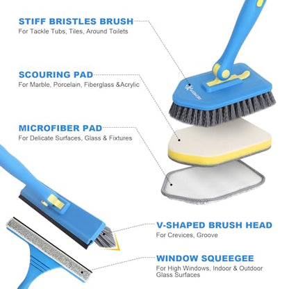 Tile Tub Scrubber Brush with 5 Different Function Cleaning Heads and 51" Extendable Long Handle Non Scratch Shower Scrubber for Cleaning Bathroom Kitchen Toilet Wall Bathtub