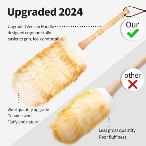 Lambswool Duster with Solid Wooden Handle,Leather Hang Strap,Comfortable Grips 19.6 inch Long Natural Feathers Dusters for Cleaning Wall Plant Desk Blind Cleaner Duster Tool - size: 19.6inch