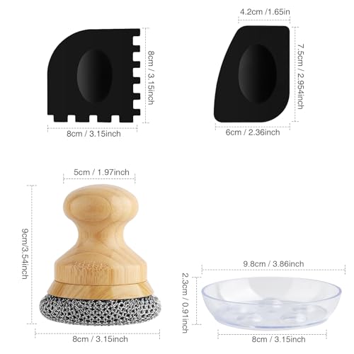 Cast Iron Scrubber and Scraper,Chain Mail Cleaner with Bamboo Handle & Draining Tray,316 Stainless Steel Brush for Cleaning Pots,Pans,Wok,Bakeware,Griddles, Grills(Small Chainmail,2pcs) - size: Small 2pcs