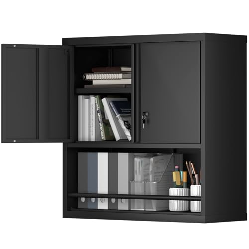 Metal Garage Cabinets, Lockable Storage Cabinet, Metal Cabinet with Open Storage, Upper Tool Cabinet for Basement, Wall Mounted Cabinets for Shop - color: 31"h-hanging Cabinet / Black+grey