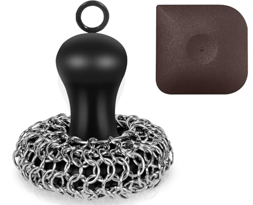 Cast Iron Cleaner Scrubber with Pan Scraper, Patented Chain Mail Scrubber Cast Iron Cleaning Kit, Metal Chainmail Scrubbing Sponge Scrub Brush to Clean Pan, Skillet, Grill, Dutch Oven, Wok - color: Black