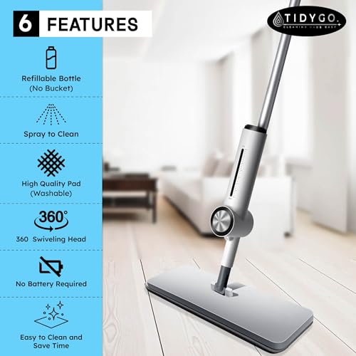 Spray Mop with Microfiber Cleaning Pads, Paddle Brush, 360° Swivel Head, and 250 mL Refillable Bottle, Deep Floor Bathroom, Kitchen, and Whole Home Clean, Includes Paddle Brush