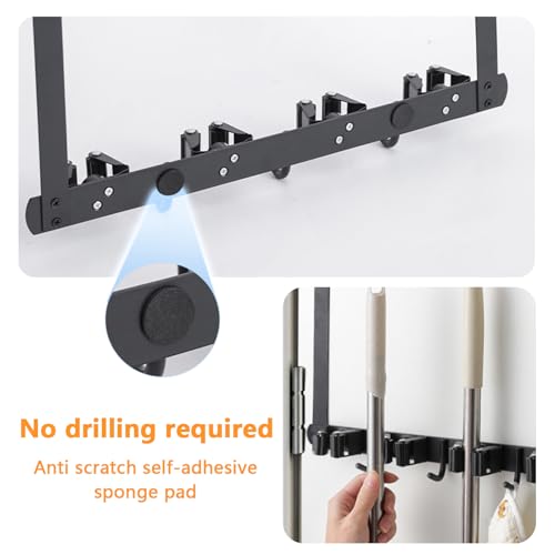 Broom Holder Over the Door with Hooks, Wall Mount Mop and Broom Holder, Stainless Steel Hanging Over the Door, Easy to Install Broom Storage Tool Organizer for Garage Closet Laundry