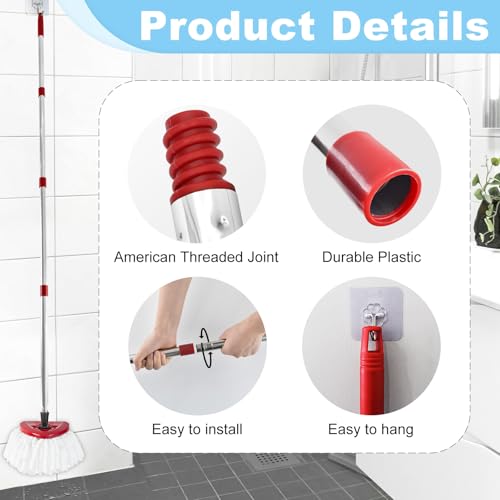 Mop Handle for Ocedar,Spin Mop Replacement Handle Compatible with O Cedar, American Threaded Joint Mop Handle 4-Section 30-to-58 inch Mop Replacement Stick - color: Red