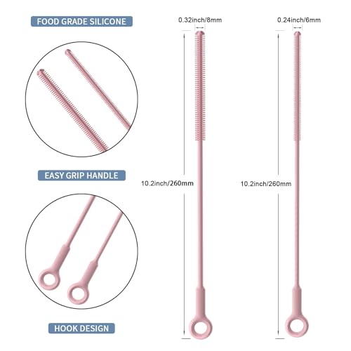 Reusable Silicone Straw Cleaner Brush Set, 2-Pack Extra Long Straw Cleaning Brush for Metal Glass Water Bottle Drinking Straws, Flexible&Bendable Design, Dishwasher Safe, 6mm & 8mm Diameter - color: Light Pink