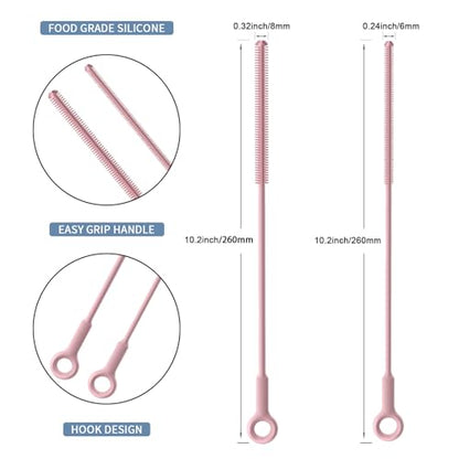 Reusable Silicone Straw Cleaner Brush Set, 2-Pack Extra Long Straw Cleaning Brush for Metal Glass Water Bottle Drinking Straws, Flexible&Bendable Design, Dishwasher Safe, 6mm & 8mm Diameter - color: Light Pink