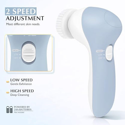 COSLUS Facial Cleansing Brush Silicone Face Scrubber: 7 in 1 FBS-D Electric Exfoliating Rotating Massage Device Waterproof Deep Cleaning Exfoliation Spa Machine - Electronic Skin Care Wash System - color: Light Blue, size: With 7 brush heads