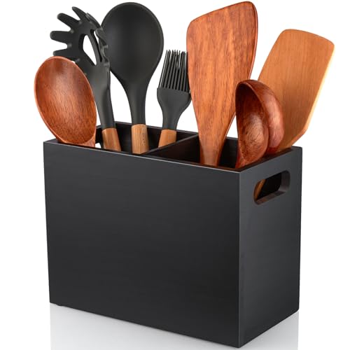 ALELION Black Utensil Holder for Kitchen Counter - 2 Compartment Large Utensil Caddy Organizer for Countertop - Kitchen Tool Holder for Spatula Ladles - color: Black, size: 2 Compatment