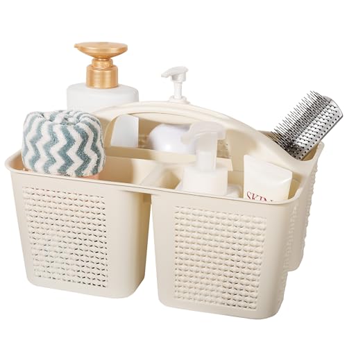 UUJOLY Plastic Portable Shower Caddy Basket Bucket, Cleaning Shower Basket with Handle Compartments Storage Basket Organizer for Bathroom Kitchen College Dorm Sink, Beige - color: Beige