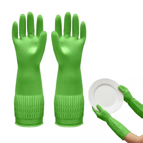 1 Pairs Household Rubber Cleaning Gloves, Long Cuff Dishwashing Gloves with Non-Slip Grip for Kitchen, Bathroom - color: Green, size: Small