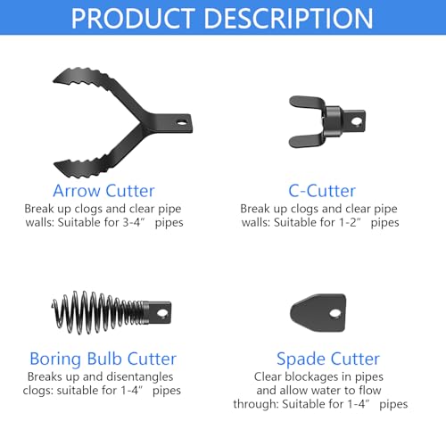 4-Piece Drain Snake Attachment Replacement Cutters-Boring Bulb Cutter,C-Cutter,Spade Cutter,Arrow Cutter-Compatible with 50FT-100FT Drain Snake for 1-4“ Pipe - style: 4-Piece