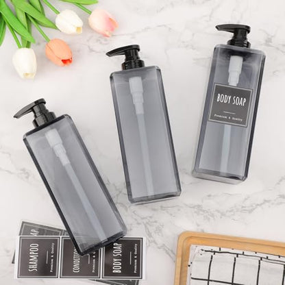 Segbeauty 33.8oz Empty Plastic Soap Dispenser with Labels, 3pcs Large Pump Bottles for Shampoo and Conditioner, 1000ml Gray Refillable Soap Dispenser Bathroom, Sqaure Lotion Pump Bottle Container - color: Gray, style: 3pcs