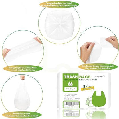 2.6 Gallon Small Trash-Bags Bathroom With-Handles - Kitchen White Garbage Bag 100 Count Little Plastic Unscented Waste Basket Office Car Thick Strong Can Liners Acqkunlo - color: 2.6 gal white 100