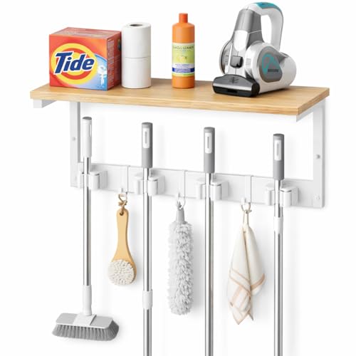Upgraded Broom Holder Wall Mount with Shelf, Mop and Broom Organizer Wall Hanging, Cleaning Supplies Organizer (small)