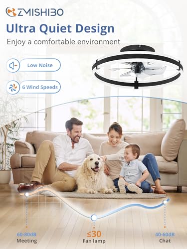 ZMISHIBO Ceiling Fans with Lights and Remote, 19.7'' Low Profile Ceiling Fan, 3000-6000K Dimmable Modern Flush Mount LED Fan Light, 6 Wind Speeds, Black Fandelier Ceiling Fans for Bedroom - color: Black, size: 19.7 INCH