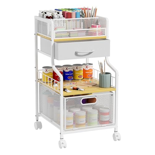 SWTYMIKI Under Desk Storage Cart- Art Storage Cart with Drawers & DIY Divider - Office Cart Organizer Under Desk Shelf, Craft Rolling Cart for Office, Craft Room & Studio White - color: White