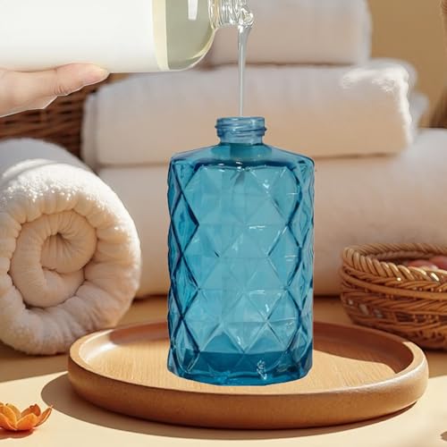 12Oz Blue Glass Soap Dispenser with Stainless Steel Pump, Refillable Kitchen Liquid Hand Soap Dispenser with Diamond Design, for Dispense Hand soap, Dish Soap, Lotion, Bathroom, Countertop, Hotel - color: Diamond Blue