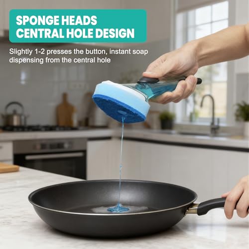 Dish Wand with Handle,Non-Scratch Dishwand Refills Replacement Sponge Heads | Leak-Proof Soap Control Dispenser Scrub Sponges, Advanced Scrubber Brush Pads for Kitchen Cleaning Dishes Sink Washing Tool ﻿ - size: 5Pcs(1Handle+4Refills)
