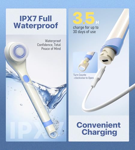 POPCHOSE Electric Body Brush for Shower with Long Handle, Waterproof | Rechargeable back scrubber with 5 interchangeable heads and 2 speeds for deep cleansing, exfoliating and massage.
