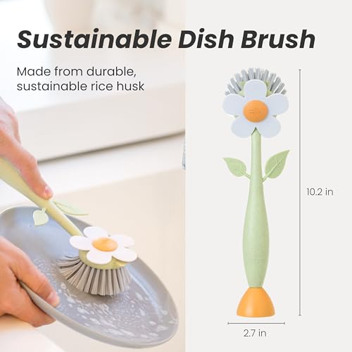 Vigar Florganic Dish Brush with Handle & Built-in Stand - Daisy-Shaped Kitchen Scrub Brush for Dishes and Sink Cleaning, Non-Stick Safe Soft Nylon Bristles, Pot Scrubber, Dishwasher Safe – Multicolor