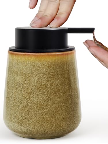 INGOFIN Ceramic Lotion Dispenser - 12 oz Refillable Hand Soap Dispenser Bathroom, Modern Liquid Soap Dispenser with Pump, Dish Dispenser for Kitchen,Kiln-Glazed Earthy Greenish-Brown - color: Kiln-glazed Greenish Brown-liquid