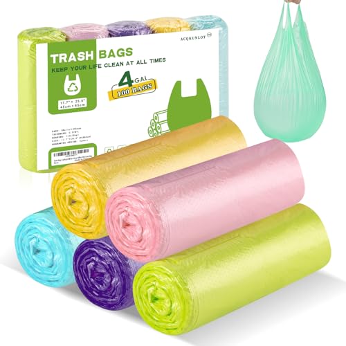 4 Gallon-Trash-Bag Small-Bathroom Kitchen Garbage Bags - Gal With Handle Recycling Colorful 100 Count For Can Recycle Car Unscented Waste Basket Little Disposable Plastic Outdoor Office Acqkunlo - color: 4 gal multicolor 100