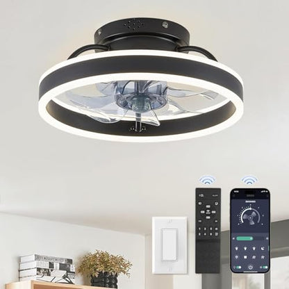 ZMISHIBO Low Profile Ceiling Fans with Lights and Remote, 13 Inch Fandelier Ceiling Fan with Light, Black Modern Flush Mount Ceiling Fan, Small Dimmable LED Fan Lights for Bedroom - color: Black, size: 13 INCH