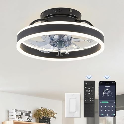 ZMISHIBO Low Profile Ceiling Fans with Lights and Remote, 13 Inch Fandelier Ceiling Fan with Light, Black Modern Flush Mount Ceiling Fan, Small Dimmable LED Fan Lights for Bedroom - color: Black, size: 13 INCH