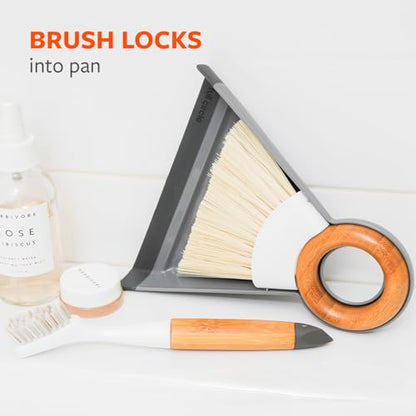 Full Circle Tiny Team Mini Compact Brush & Dustpan Set, Portable Handheld Broom for Quick Cleanups, Ideal for Home, Bathroom, Kitchen Countertops. Bamboo Hand Broom & Small Crumb Sweeper, White - color: White