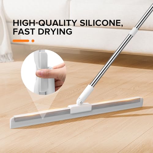 Silicone Squeegee for Floor, 180° Rotating Squeegee Broom, Floor Squeegee with a Long Handle, Squeegee for Water and Pet Hair Removal on Bathroom Floors, Tile, Glass, Indoor Window Cleaning Tool - size: 16in | 4-Section Pole (62in) | No Pad