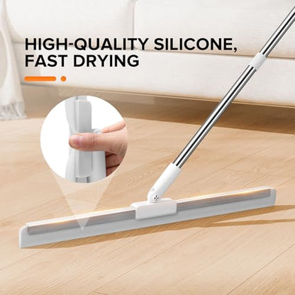 Silicone Squeegee for Floor, 180° Rotating Squeegee Broom, Floor Squeegee with a Long Handle, Squeegee for Water and Pet Hair Removal on Bathroom Floors, Tile, Glass, Indoor Window Cleaning Tool - size: 16in | 4-Section Pole (62in) | No Pad