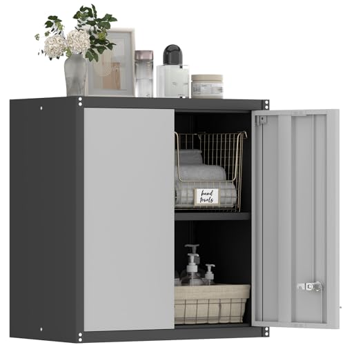 GREATMEET Metal Garage Wall Cabinet with Doors and Shelves, Wall Mounted Metal Storage Cabinet, Floating Hanging Garage Cabinet for Shop, Basement, Warehouse (Grey&Black, 28" H) - color: Black&grey, size: 28"H-Wall Mount