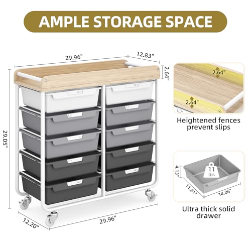 10 Drawers Rolling Cart with Wooden Tabletop, Utility Storage Cart with Wheels, Art Supply Craft Organizer on Wheel with Metal Frame & Handles for Home Office School,Grey - color: Grey
