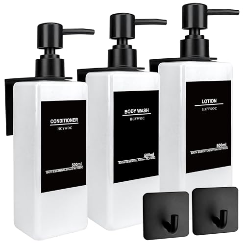 Shampoo Dispenser for Shower Wall, Shampoo and Conditioner Dispenser with 16 Waterproof Labels, No Drill Shower Soap Dispenser Bathroom, Shower Soap Dispenser Wall Mounted 3 Chamber, 17oz,White - color: White Bottle + Black Pump