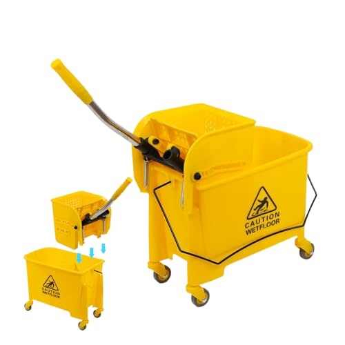 5.28 Gallon Mop Bucket with Wringer, Side Press Wringer Combo Mop Bucket with Wheels and Handle, Durable PP, Yellow Mop Bucket for Business Restaurant Home Hotel