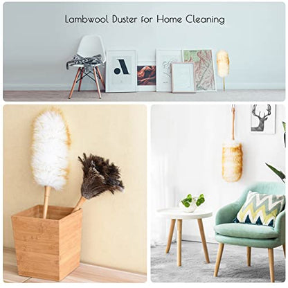 Lambswool Duster 16'' Length Solid Wooden Handle Leather Hang Strap for Cleaning Ceiling Fans Window Blinds Computer Furniture Figurines TV Natural Feather Duster,Brown - color: Brown, size: 16 Inch